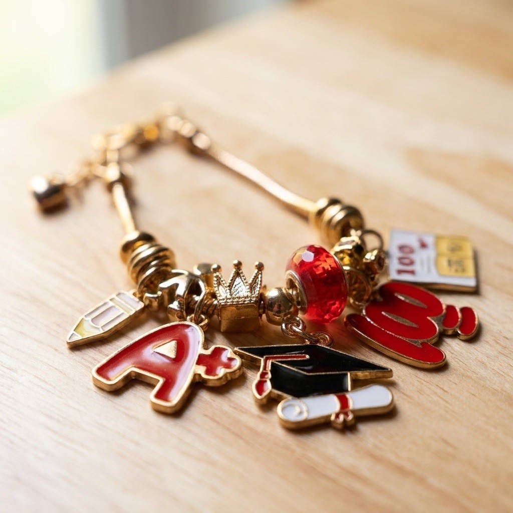 NEW Gold-Tone Snake Chain Charm Bracelet w/Lobster, Red Bead, Graduation Charms