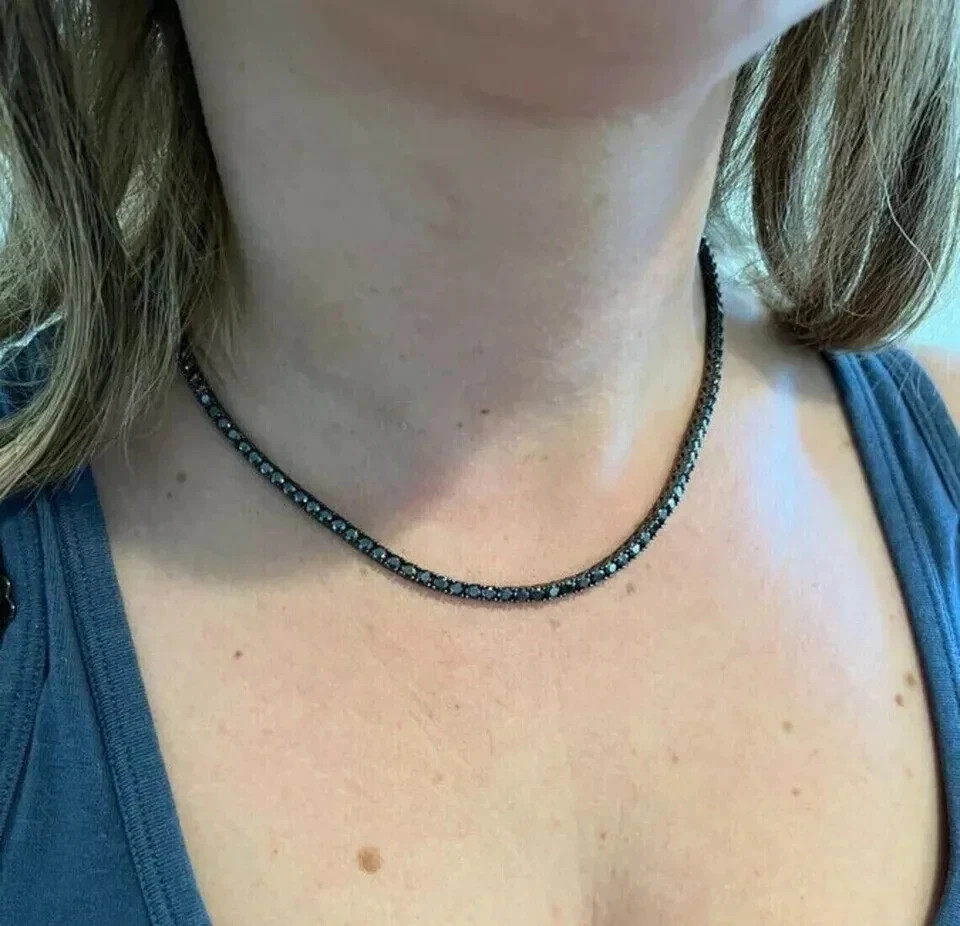 3MM 18Ct Round Lab Created Black Diamond Tennis Necklace925 Sterling Silver 18in