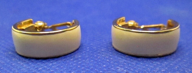 MONET Beige Cream Enamel Hoop English Lock Pierced Earrings Pat. Pend. # 249.252