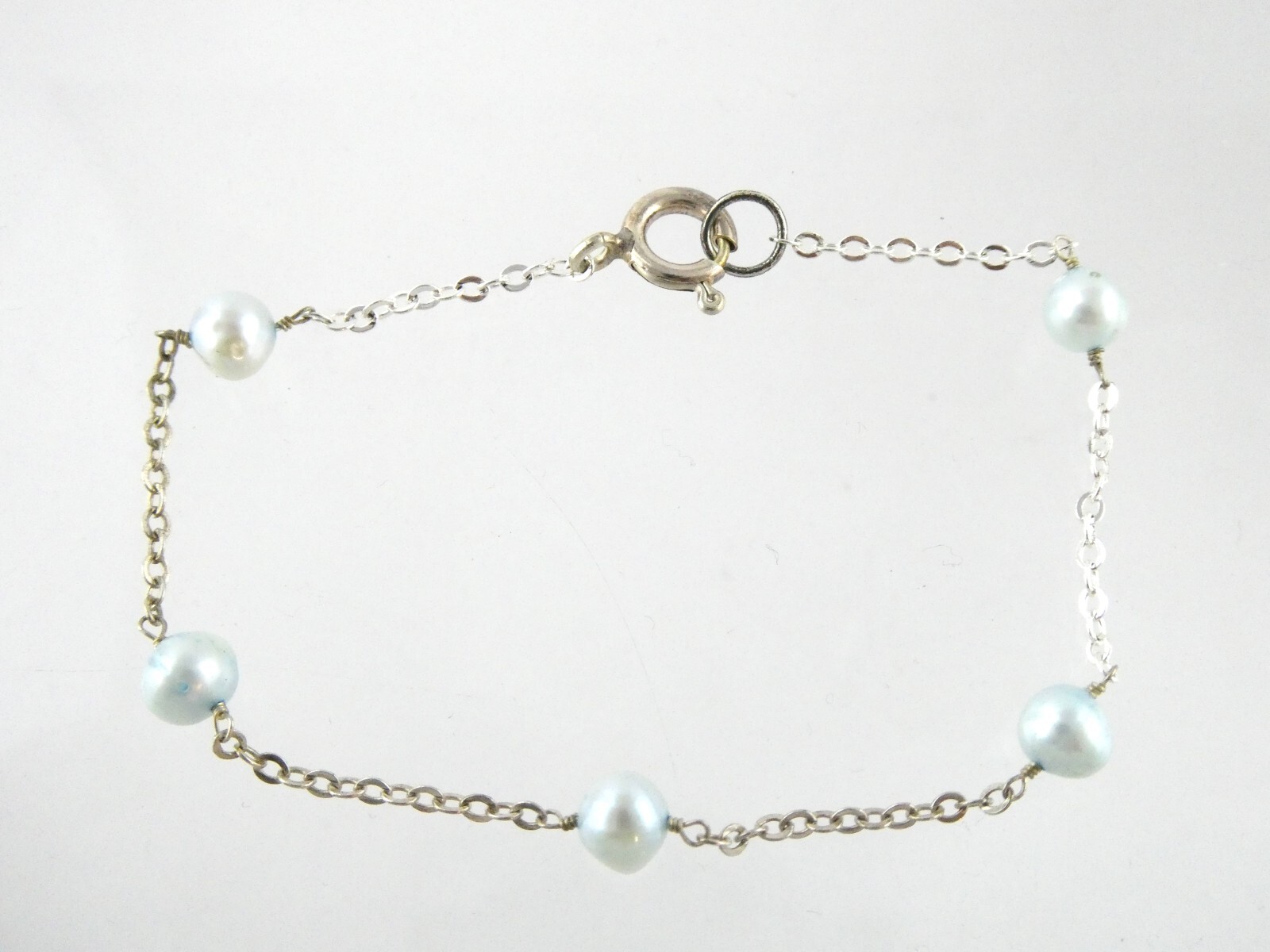 Sterling Silver Pale Blue Five Pearl Chain Bracelet 925 7 Inches Long 2.4 Grams