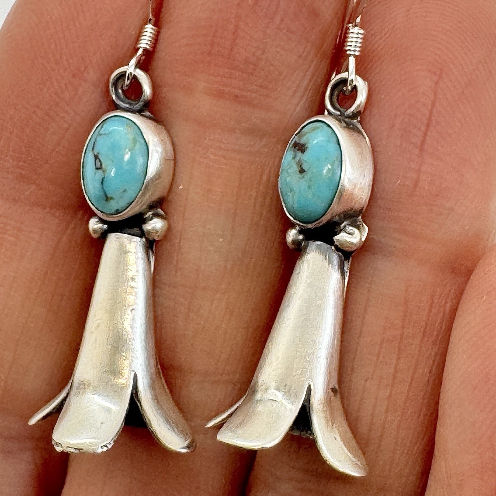 Navajo Turquoise Squash Blossom Dangle Earrings Sterling 1 5/10″ by R Martinez