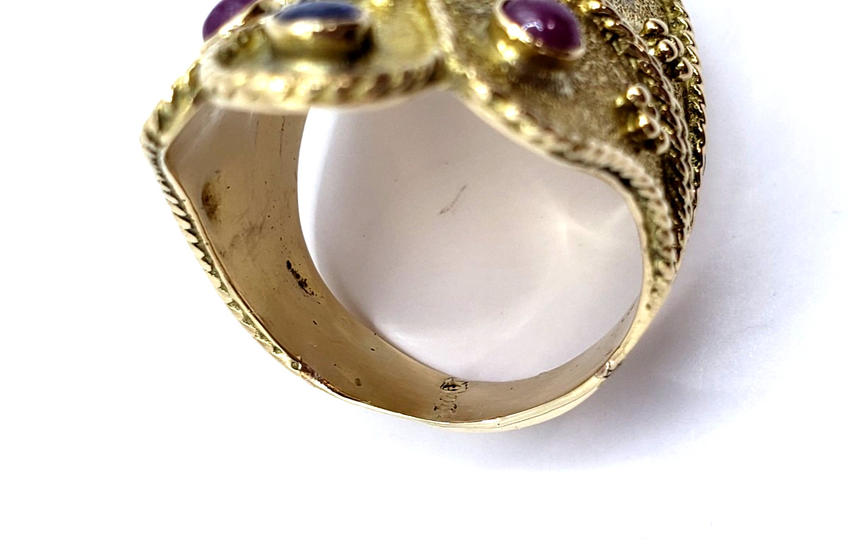 18K Yellow Gold Etruscan Byzantine Ruby & Sapphire Ring