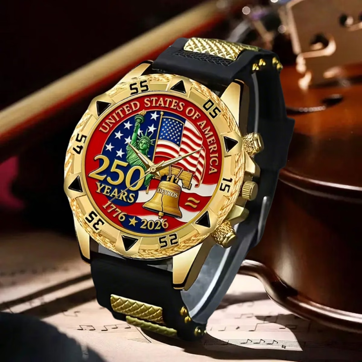 Men Patriotic Watch USA 250th Anniversary  American Flag & Statue of Liberty
