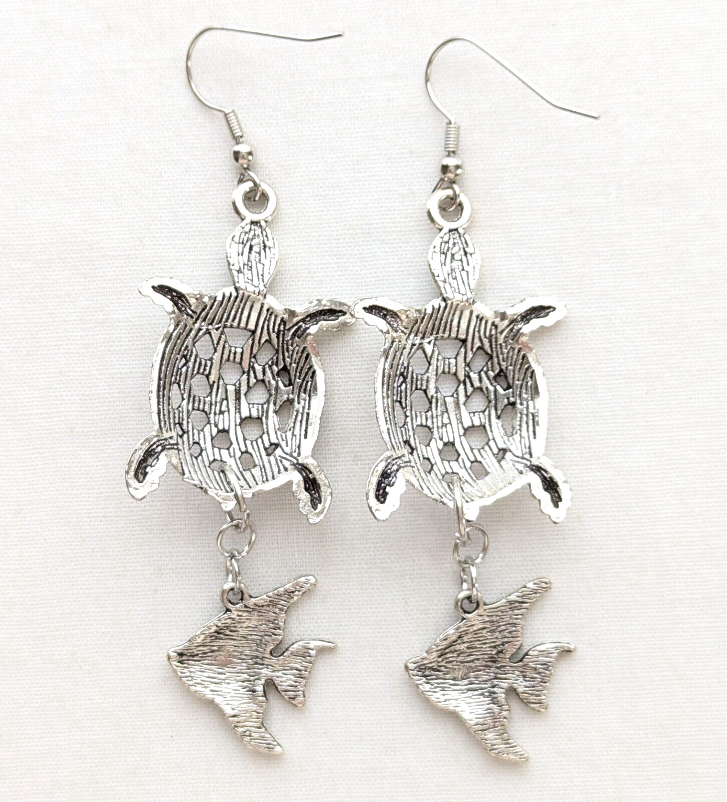 Galapagos Turtle Fish Dangle Earrings Nautical Beach Resort Nature Jewelry