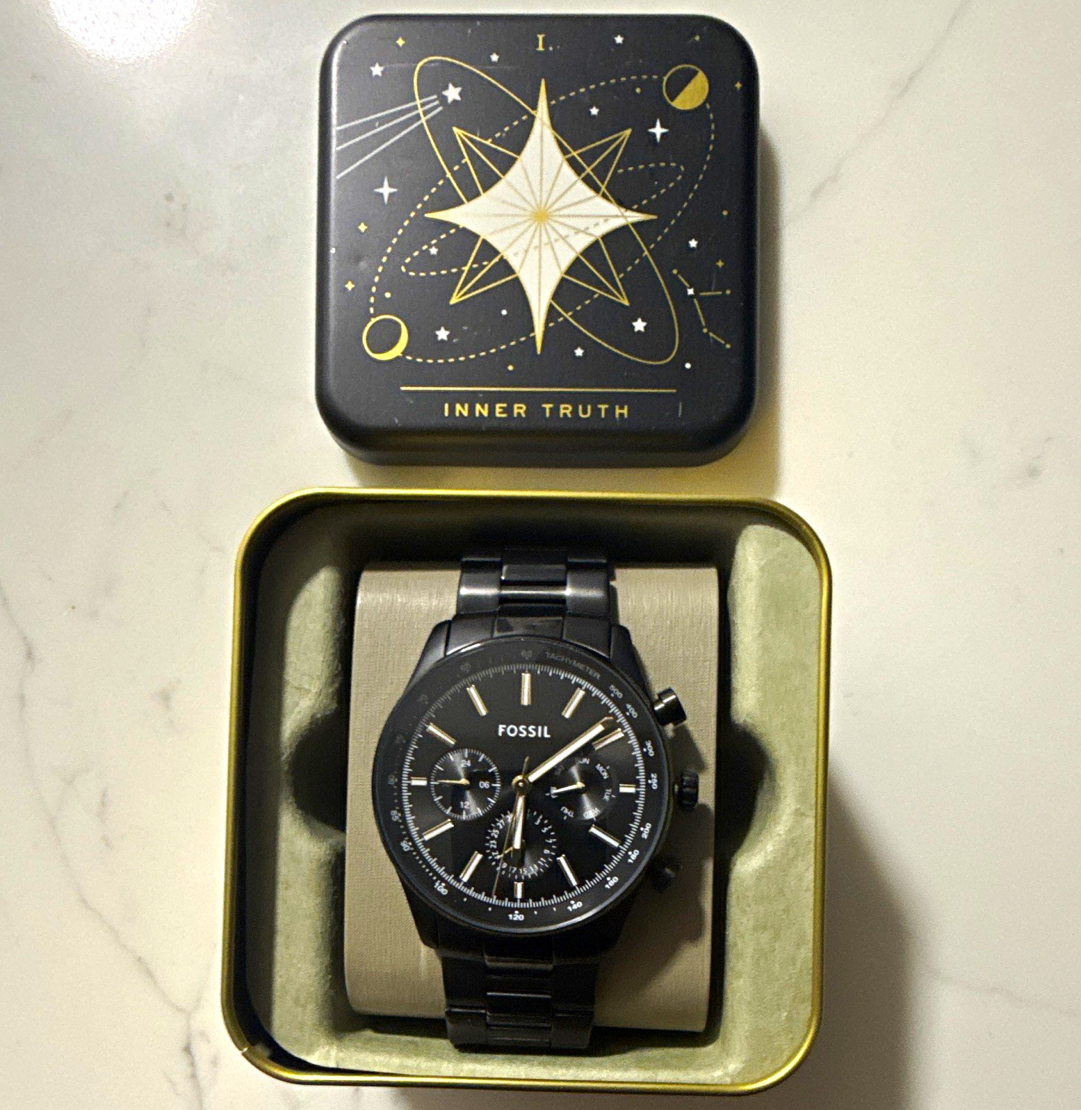 Fossil BQ2856 Quartz Black SS Bracelet Tachymeter 50m 5ATM w/ Tin Box