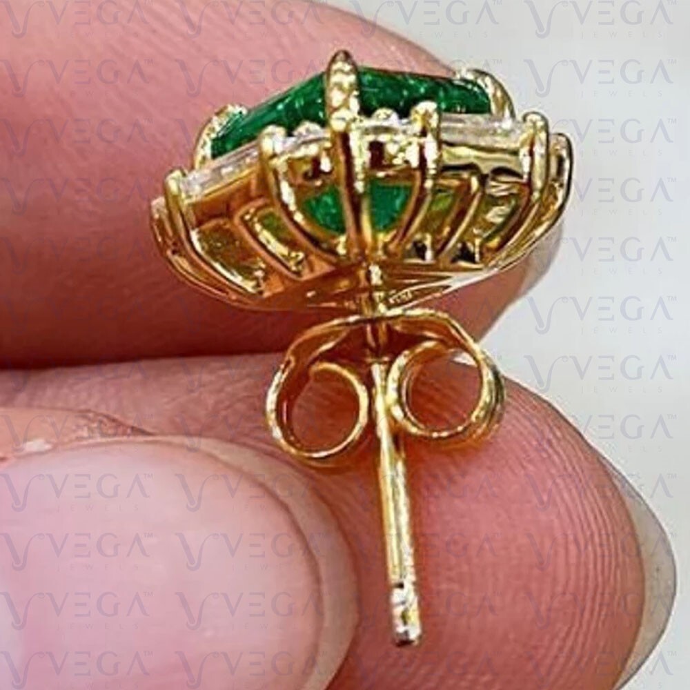 5.16Ct Asscher Cut Natural Emerald & Diamond Stud Earring 14K Solid Yellow Gold