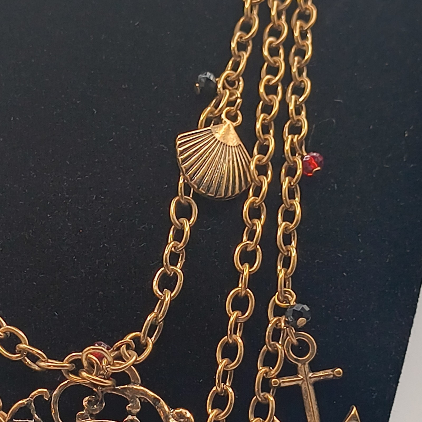 Gold Tone Cable Chain Layered Charm Necklace Nautical Pirate Red Oval Glass