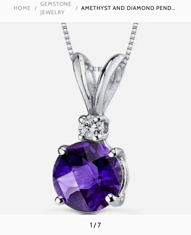 PEORA 14k White Gold Round Amethyst & Diamond Pendant Necklace 1 ct Box Chain