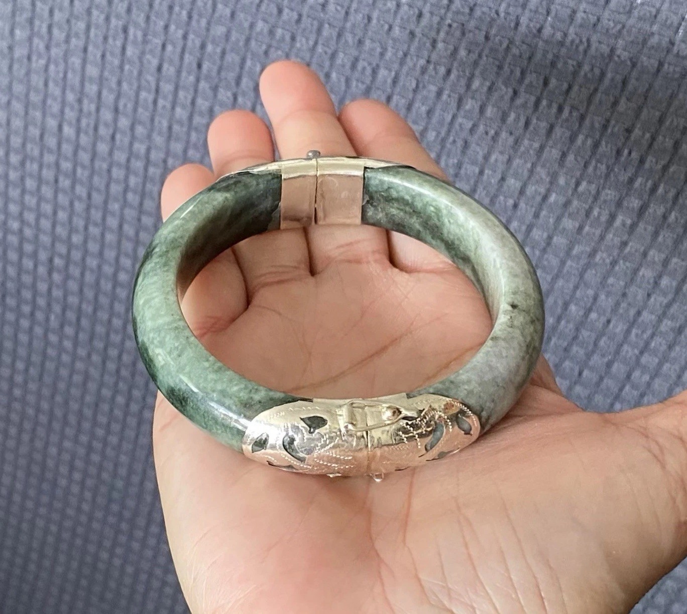 7.1 ” 925 Silver Handmade Genuine Burmese Jade Women Bangle Bracelet US SELLER