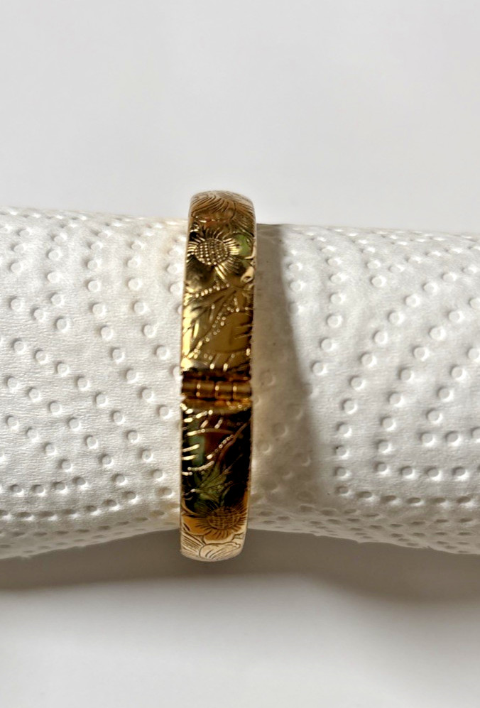 Gold Metal Bangle Bracelet Etched Floral Design Hinge Inside Circumfrrence 6.75″