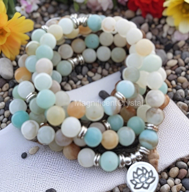 2025NEW! Natural Amazonite Gemstone Healing Bracelet 108 Beads Mala Women Gift