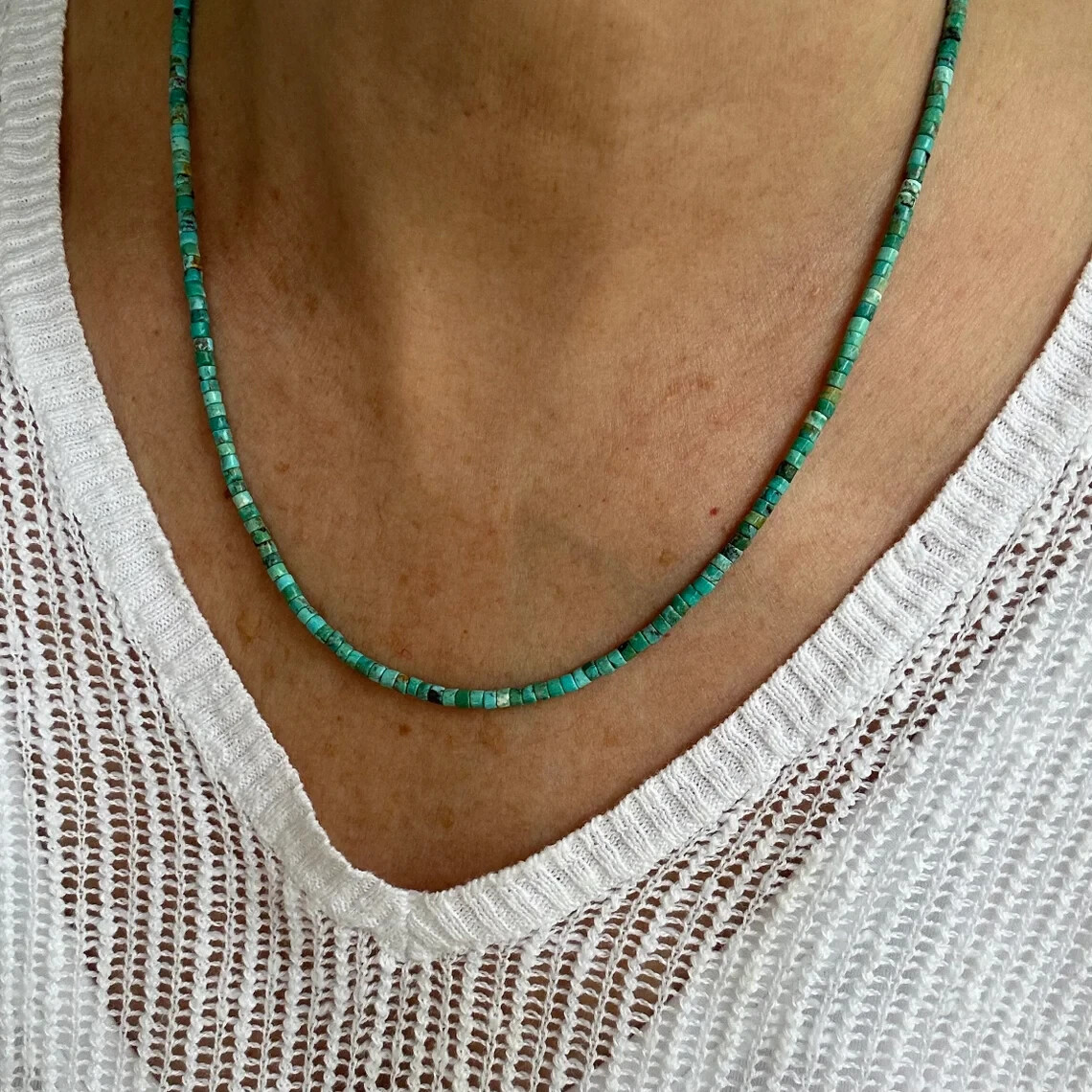 Tiny Micro 3mm Kingman Turquoise Beaded Necklace, Turquoise Heishi Bead Necklace