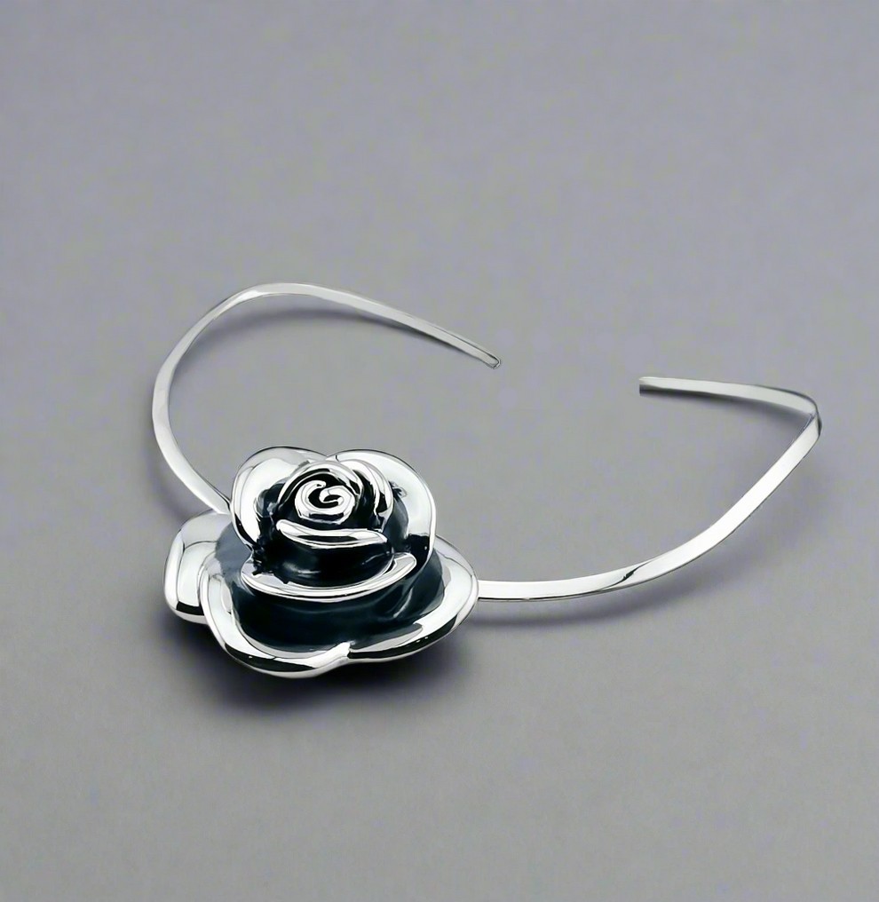 925 Sterling Silver Rose Floral Jewelry Torque Necklace Chunky handcrafted Mex