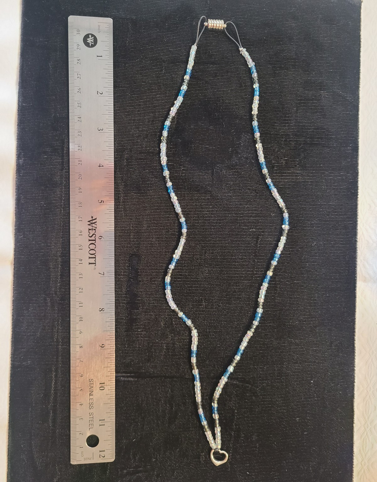 Blue & Clear Glass Beaded Ball Chain Necklace Heart Charm Lanyard Handmade