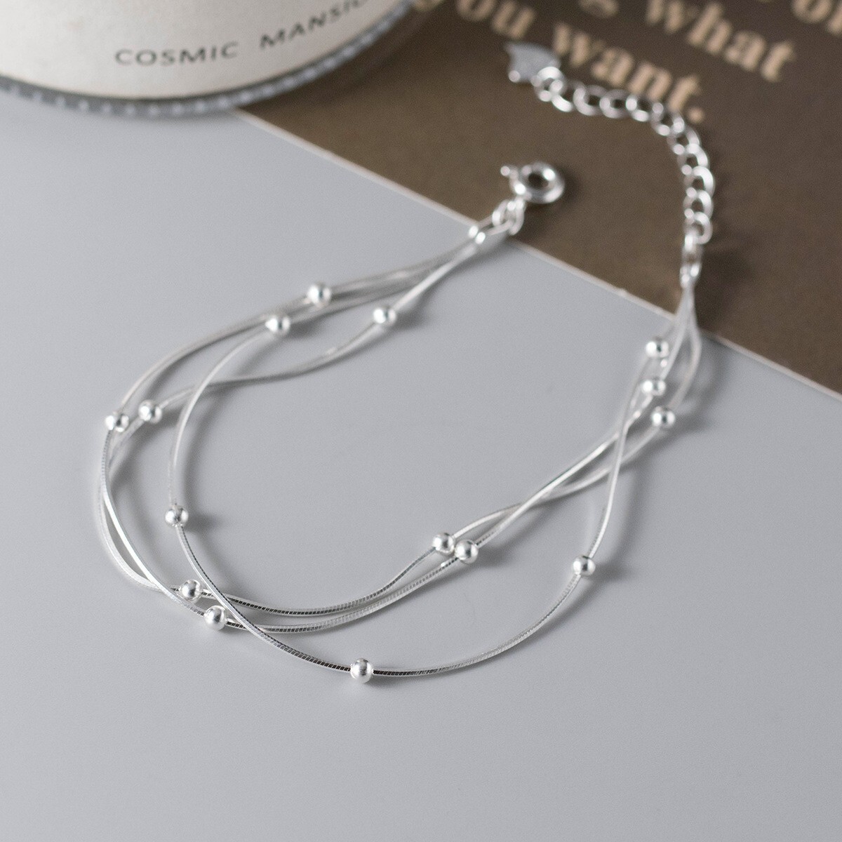 Woman REAL S925 Sterling Silver 3 Layers Beaded Snake Chain Bracelet Bangle