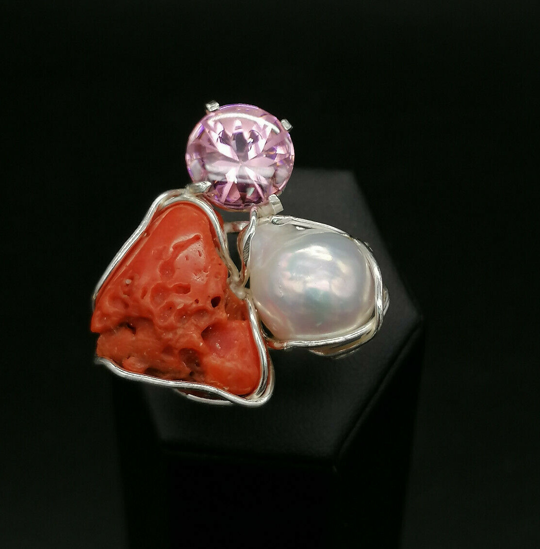 anello donna vero corallo rosso perla bianca swarovski rosa in argento bianco