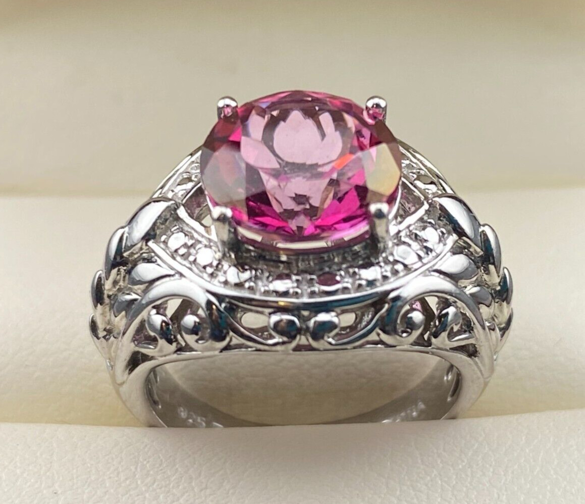 Sterling Silver 925 TC 3.7 Carat Pink Red Topaz Cocktail Ring Sz 5.75 – 6.7 Gram