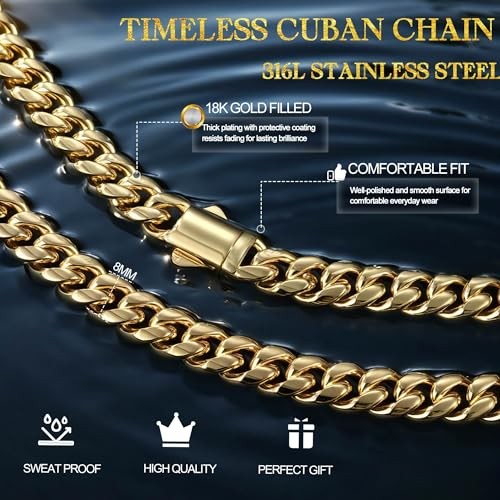 Gold Cuban Link Chain for Men Mens 20 in (51 cm) 8mm Width – 18K Gold Plated
