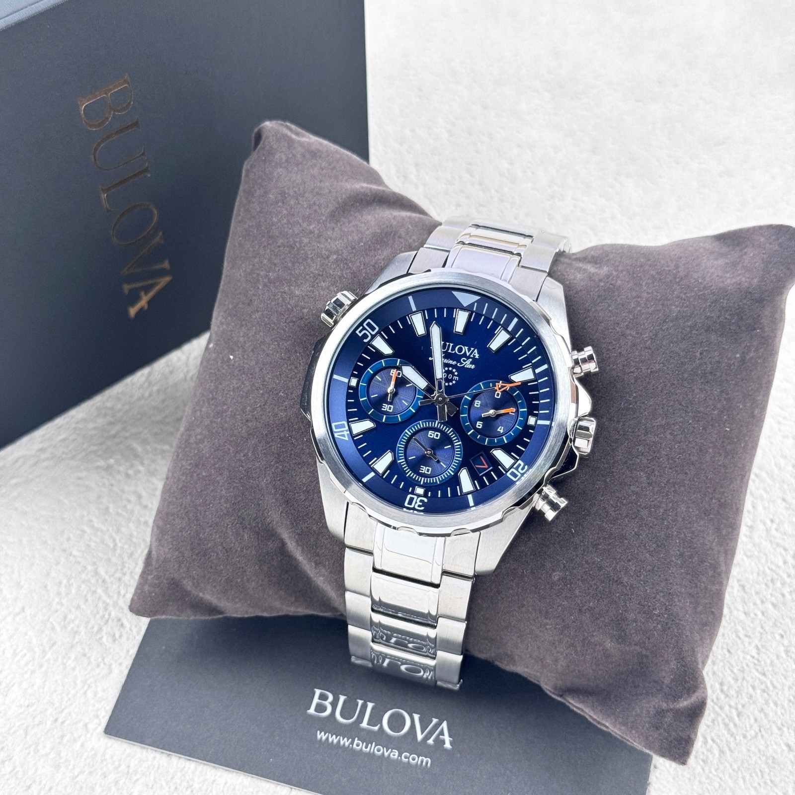 Bulova Marine Star 96B256 Blue Dial Stainless Steel Quartz Men’s Watch 43MM