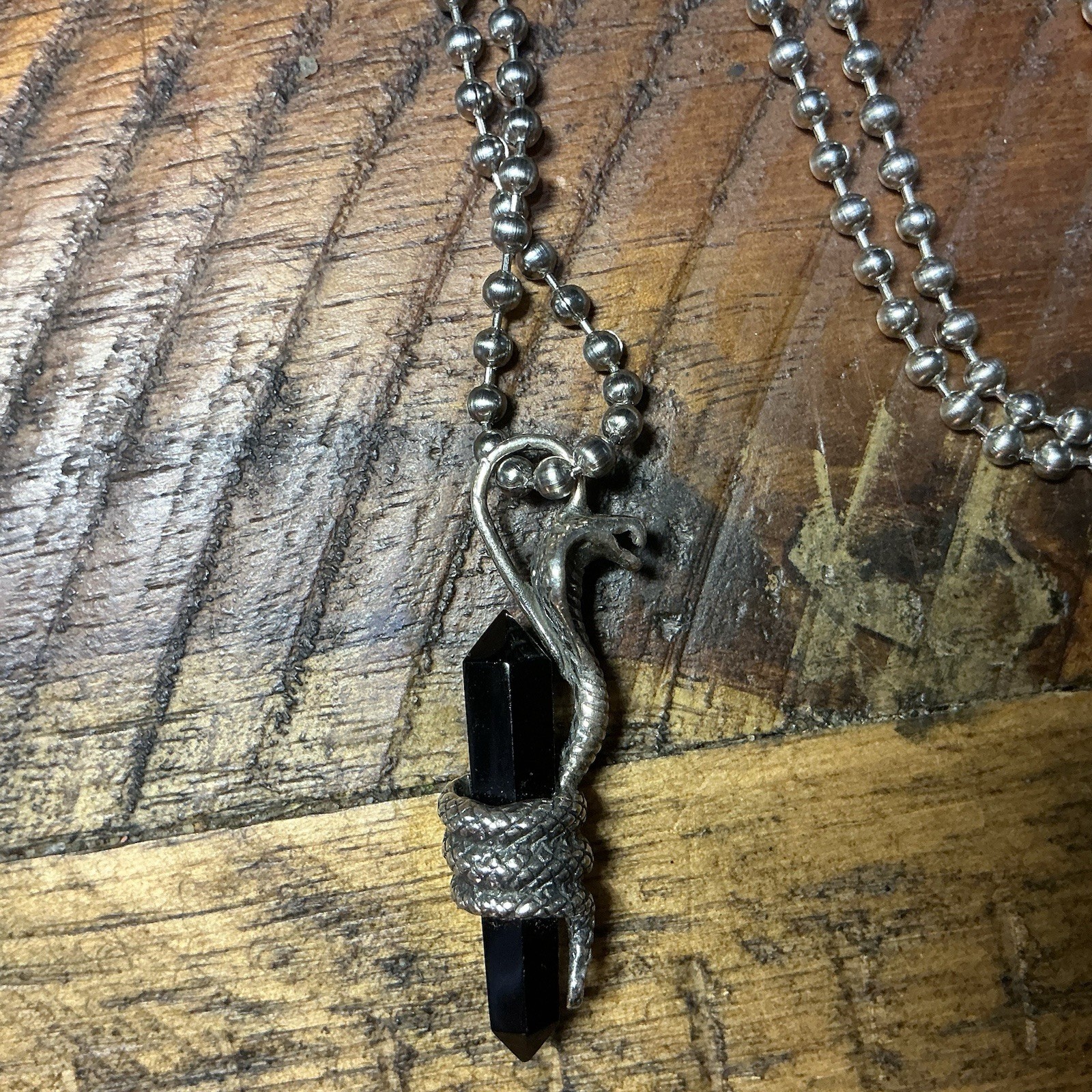 Sterling Silver Cobra snake Wrapped Around Onyx Pointed Crystal Necklace