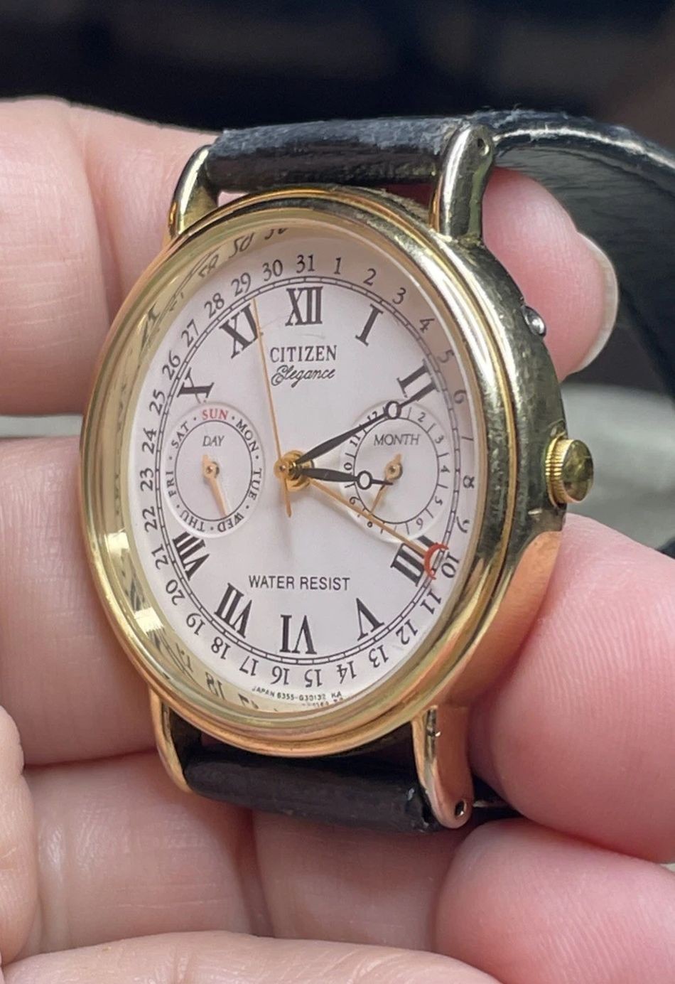 Citizen Quartz Elegance 6355 Triple Calendar Gold Tone Watch 35mm E