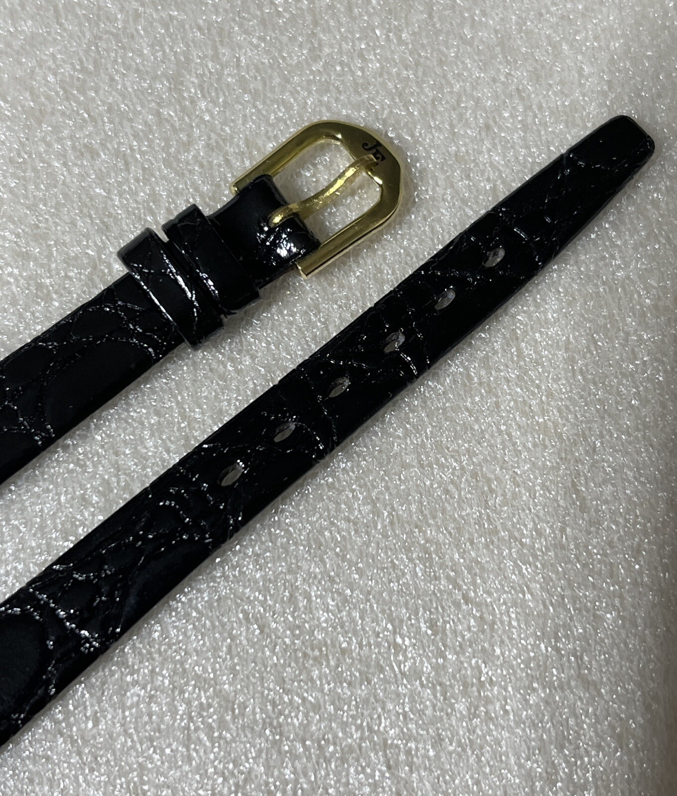 Jacques Edho Watch Strap 12mm Notched Thin Shiny Black Crocodile Print w/ Buckle