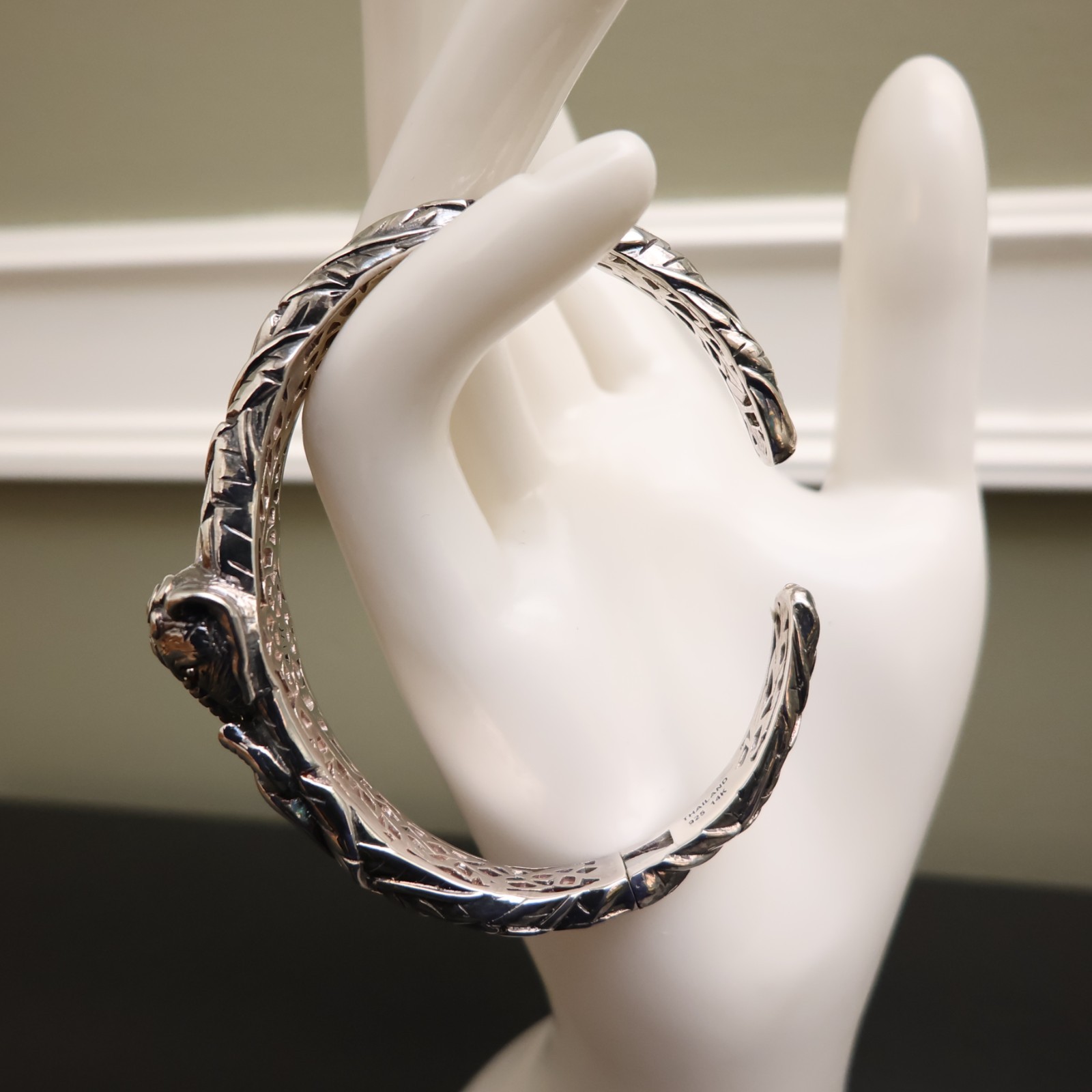 Jai bracelet elephant 925 sterling silver 14K gold hinged cuff garnets Sz 6.75in