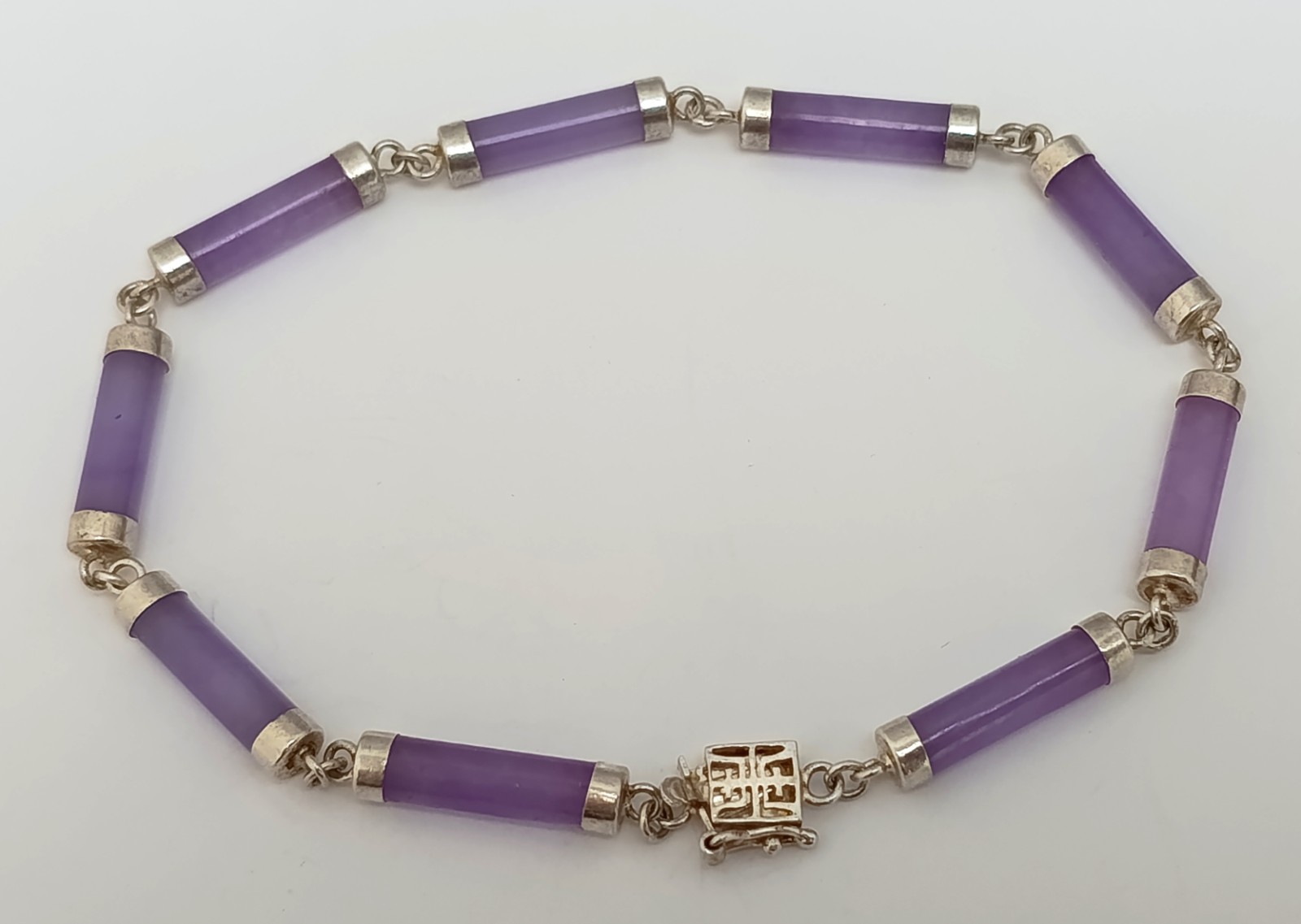 Vtg Chinese Lavender Jadeite Jade Tube Bracelet 925 Sterling Silver Shou Clasp