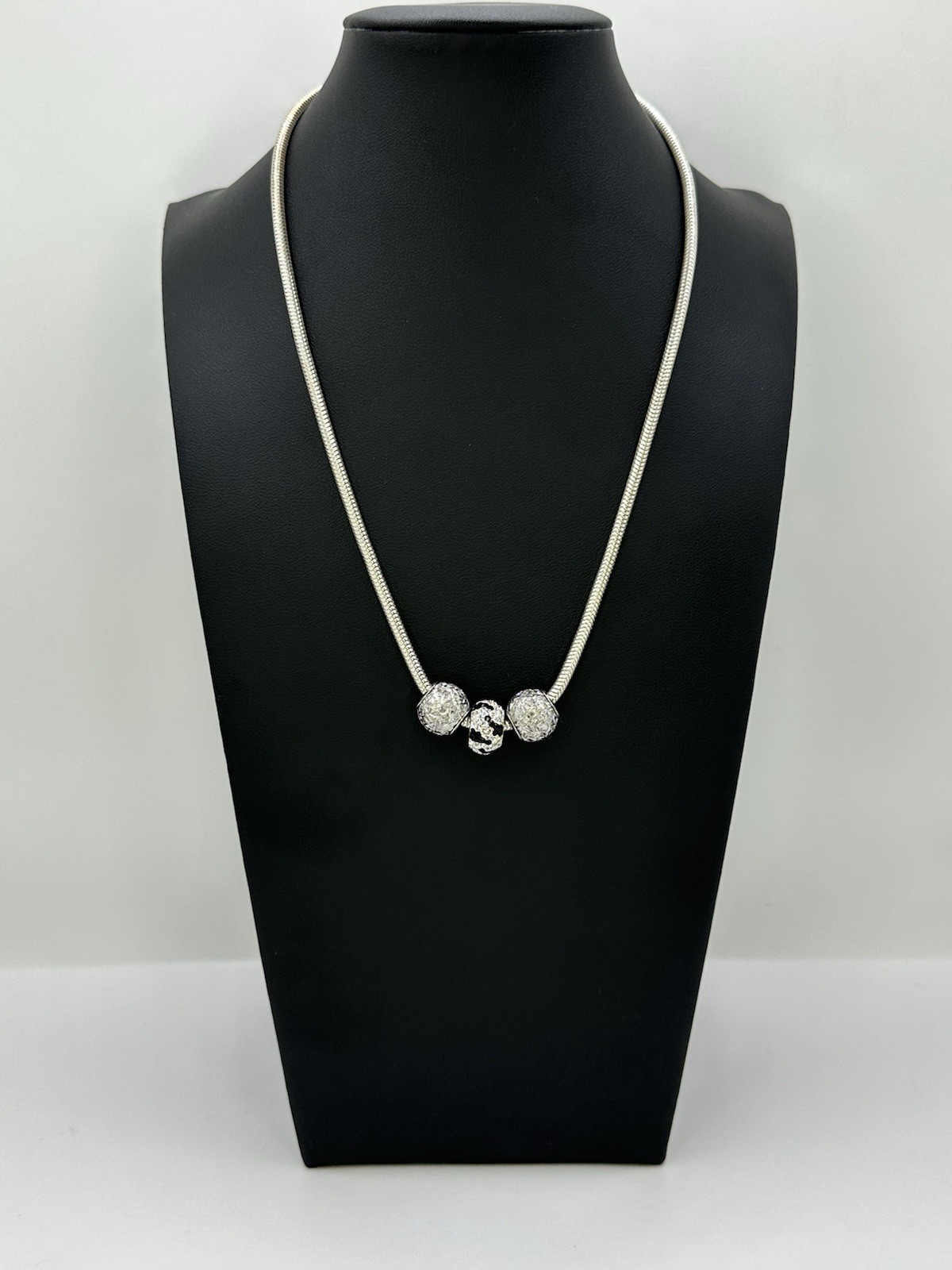 Sterling Silver 925 Snake Chain with Crystal And Silver Barrel Slide Charms RCI