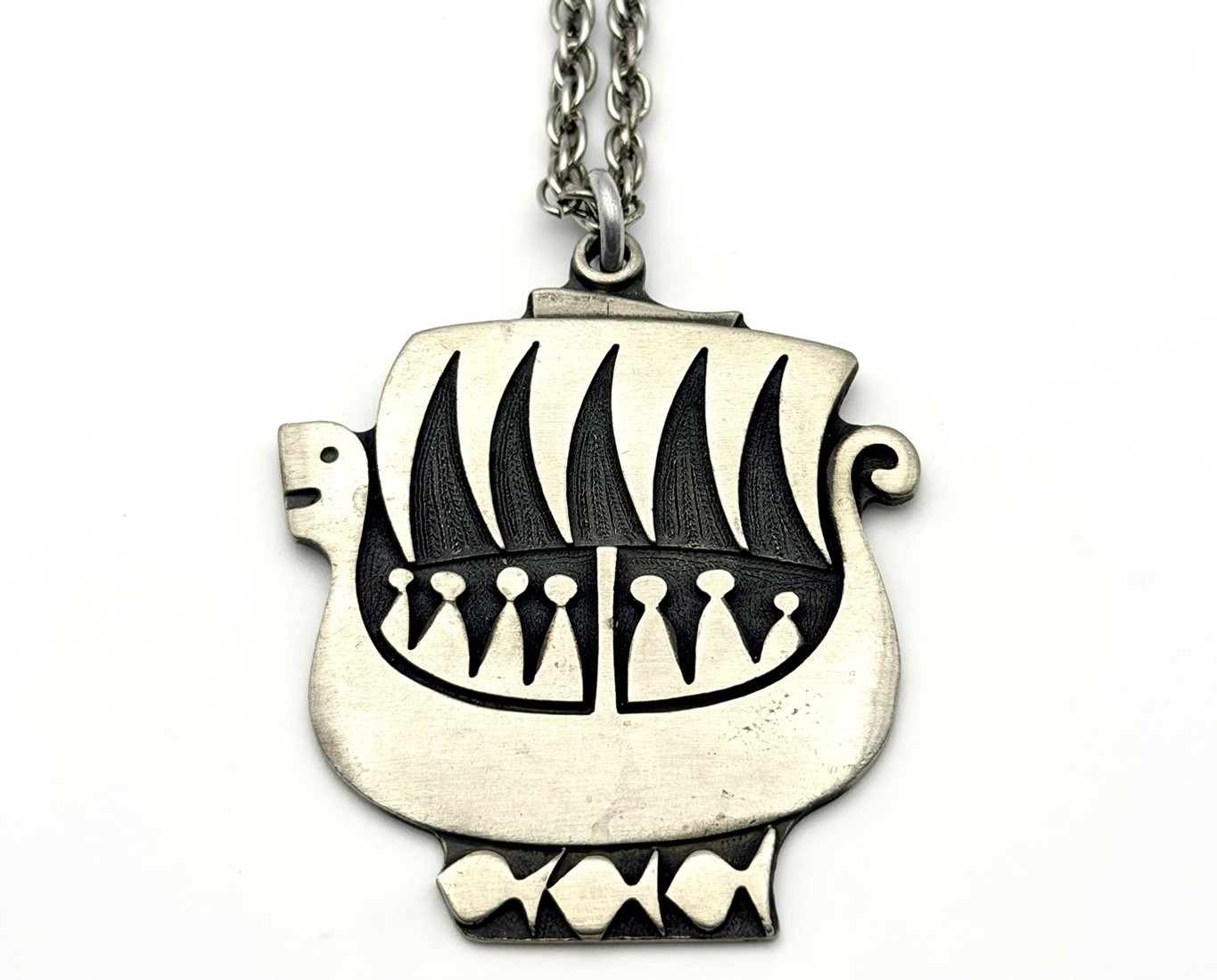 Pewter R Tennesmed Sweden Viking Ship Pendant Necklace Scandinavian Modernist