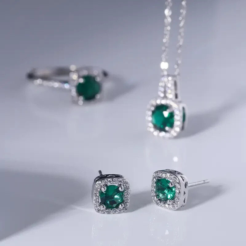 Ring Necklace & Earring Bridal Set Lab Created Emerald 14K White Gold Plated