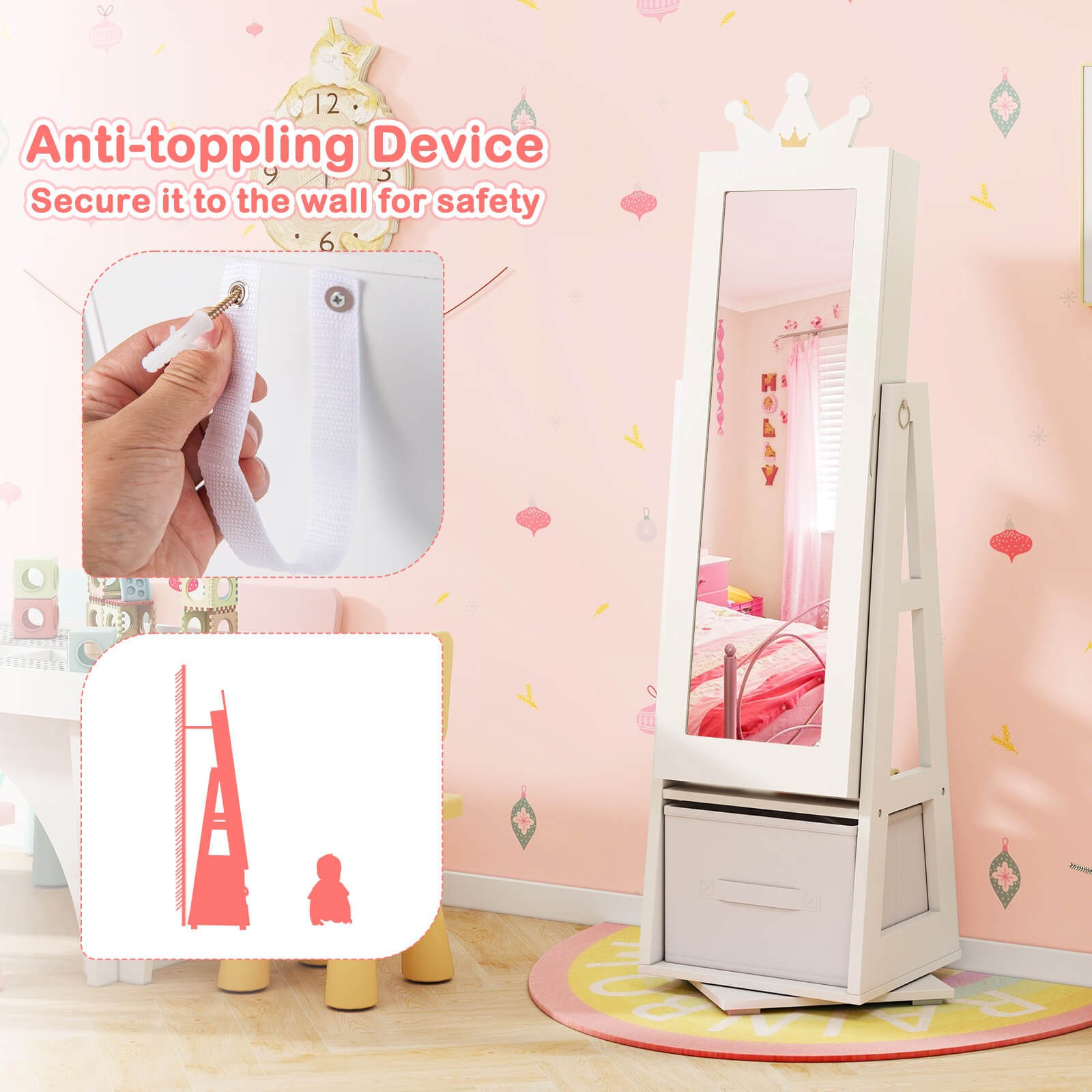 Kids Vanity Set Princess Makeup Dressing Table and Chair Set w/ Jewelry Armoire