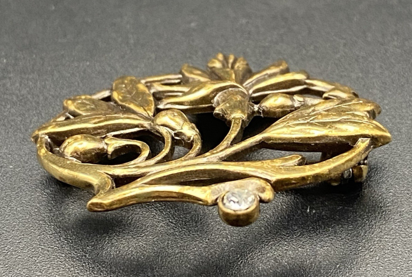 Vtg Art Nouveau Revival Brass Floral Brooch Openwork Lily Rhinestone 1.25 x1.25″