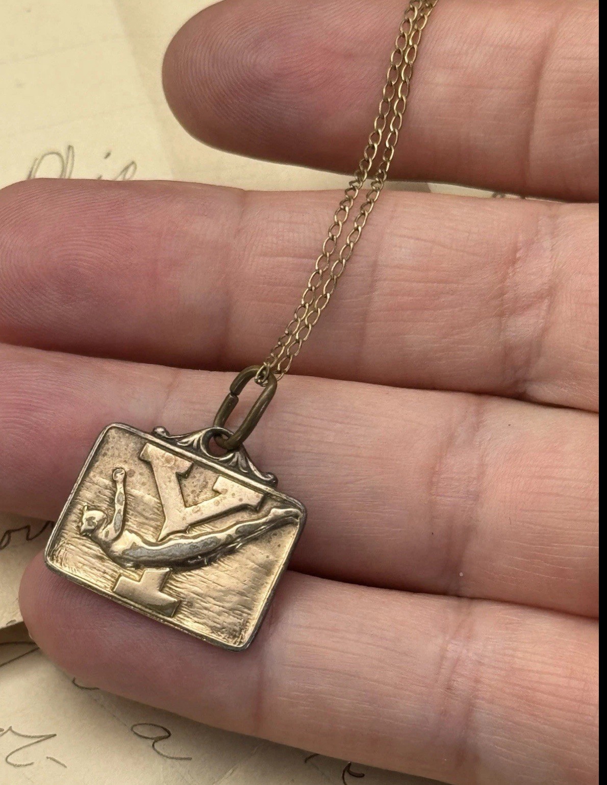 Vintage Charm Pendant Necklace Diver “Y” The Kinney Co. Gold-Filled 1944 Sports