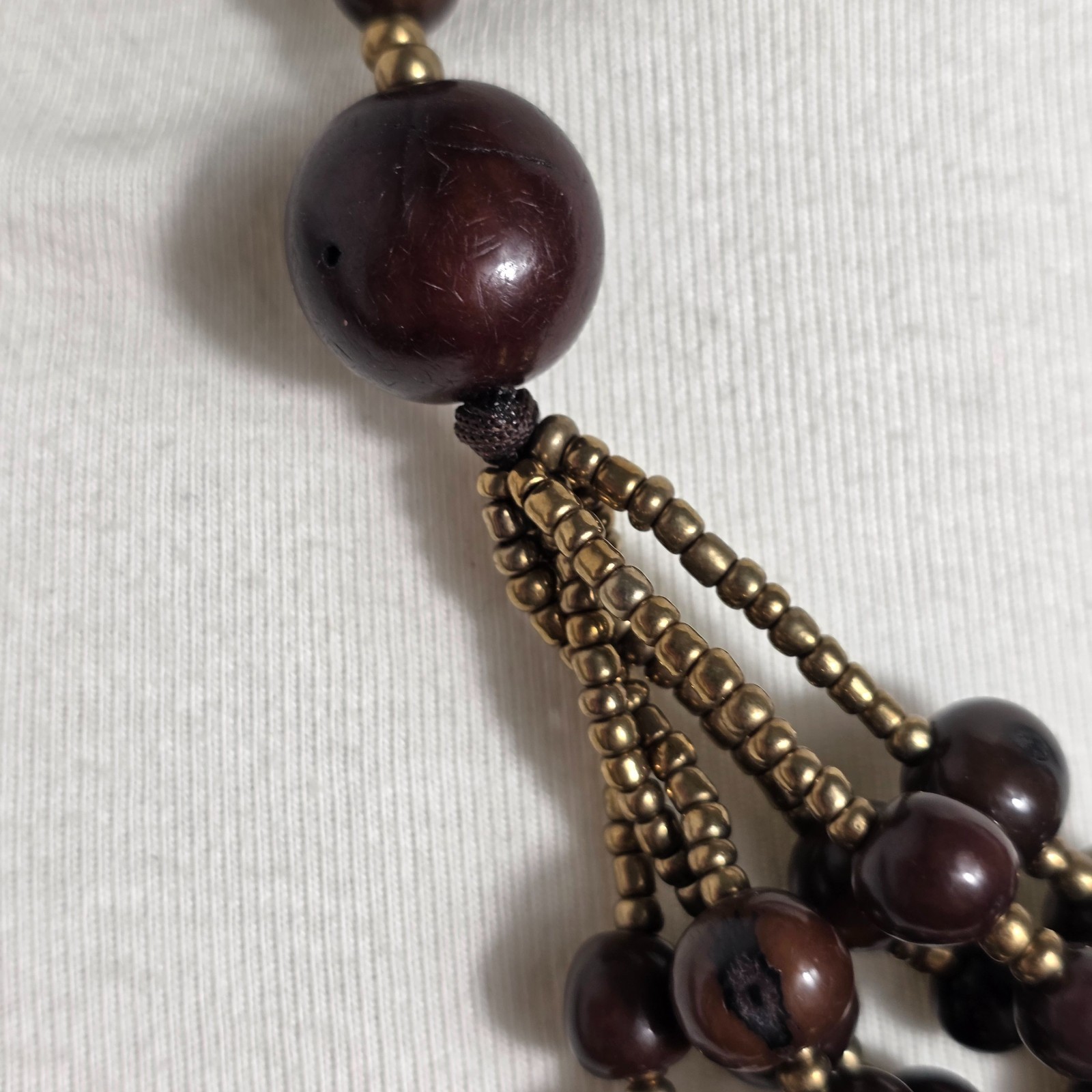 Multi-Strand Brown Acai Seed Bead Necklace with Gold Seed Bead Spacers