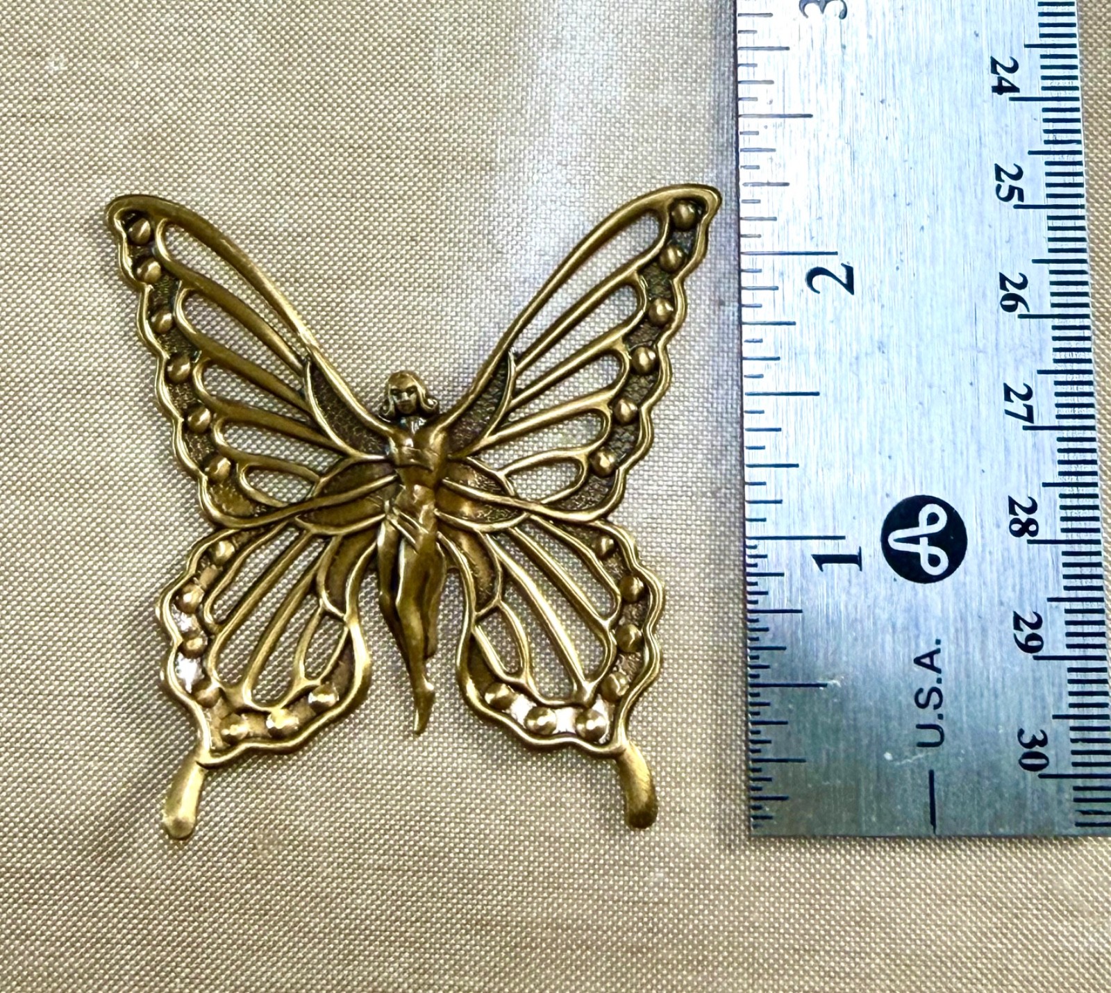Vintage NOS Brass Butterfly Fairy Stamping Pendant Finding 2½” Jewelry Art Nouve