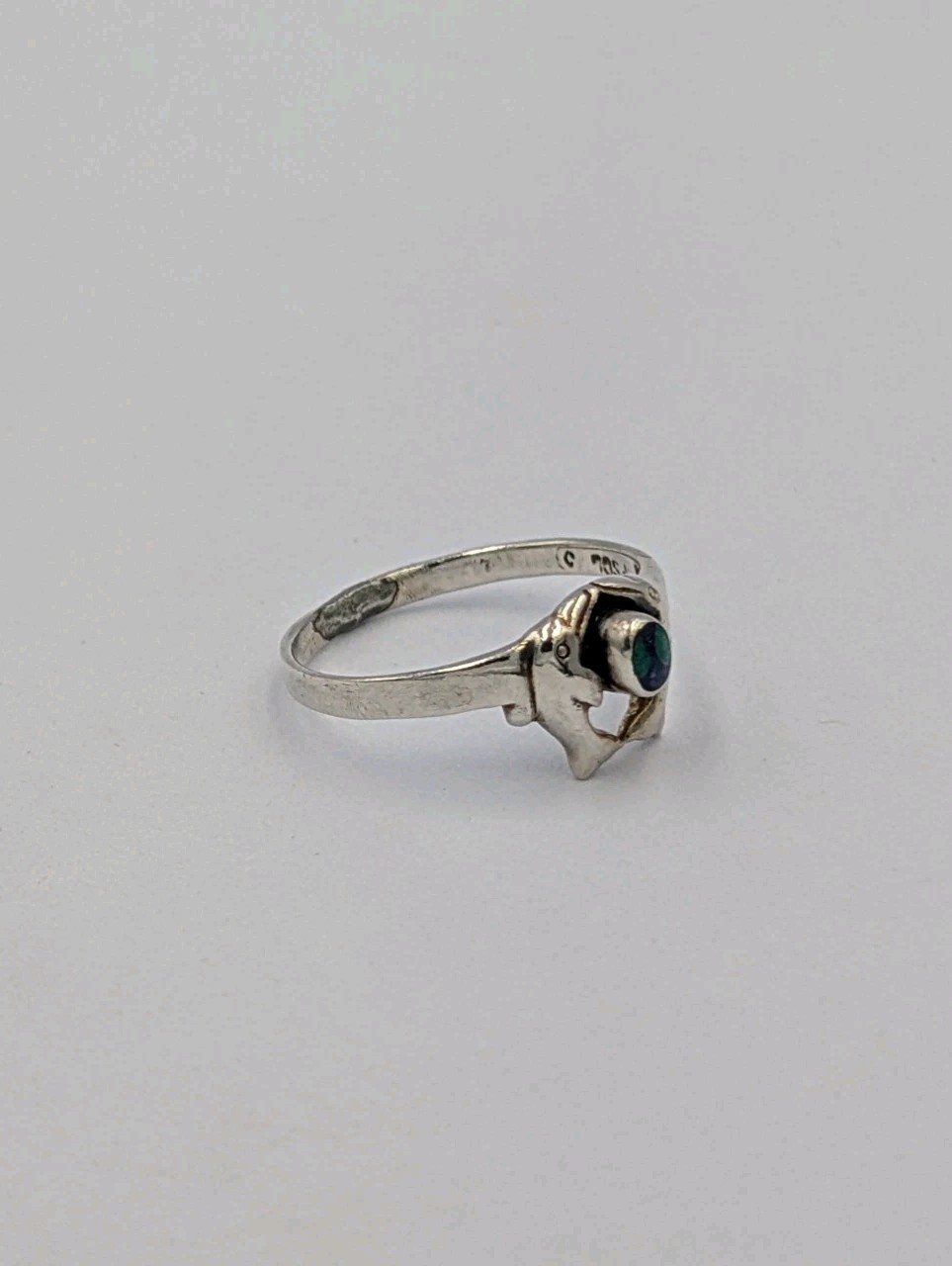 Peter Stone PSCL Vtg Sterling Silver Oval Azurite Double Dolphin 925 Ring Sz 7.5