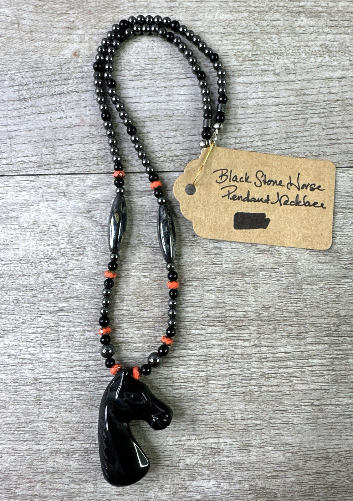 Artisan Handmade In MT Black Stone Horse Pendant Necklace 19″