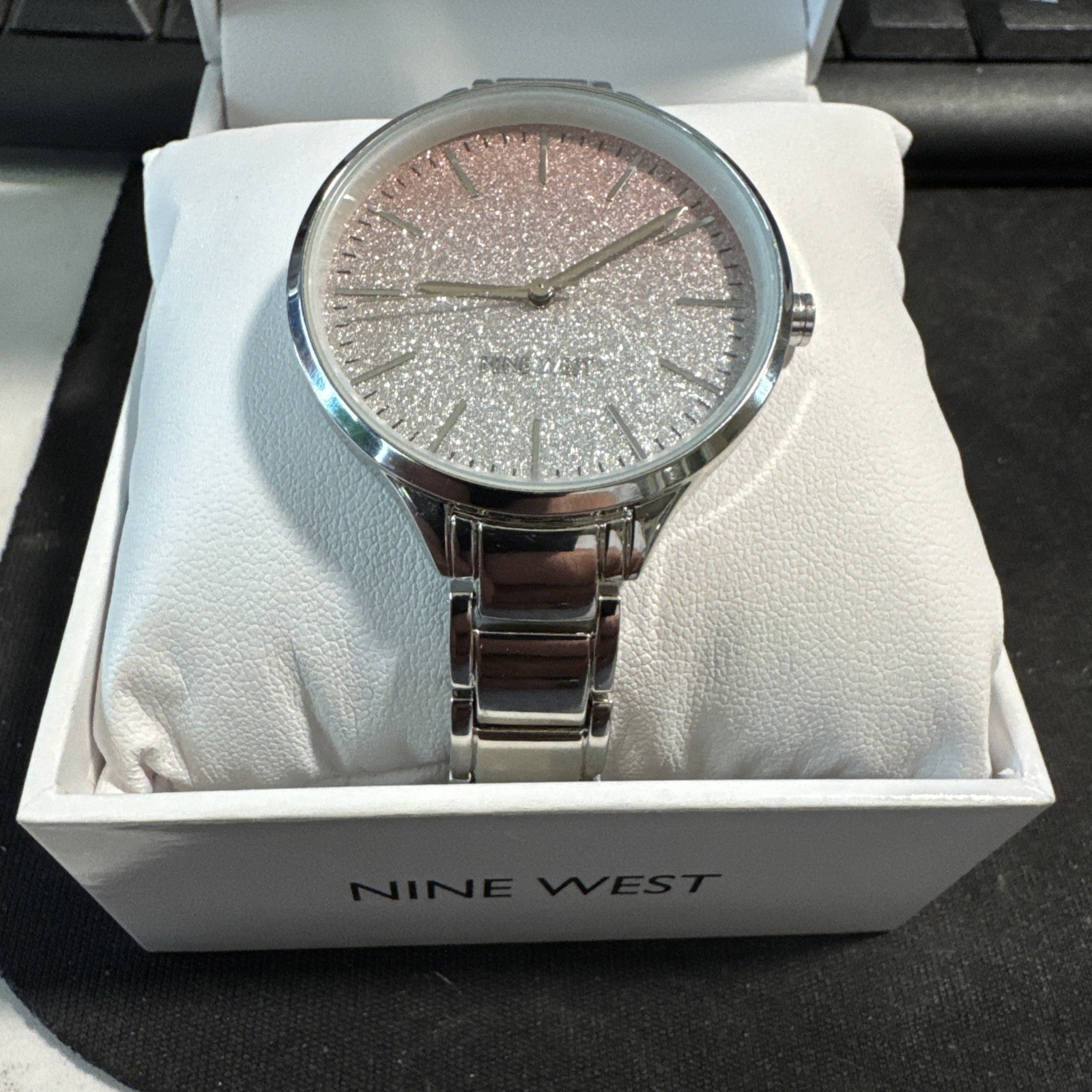 NINE WEST Glitter Dial Bracelet Womens Watch Silver NW2337 New In Box