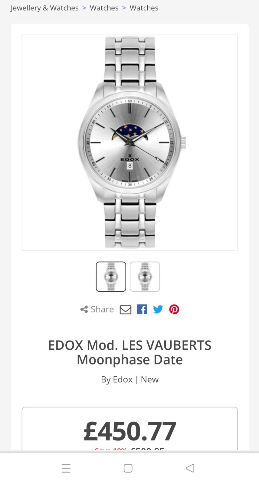 BNIB EDOX Les Vauberts MOON PHASE QUARTZ STAINLESS WATCH RRP £489