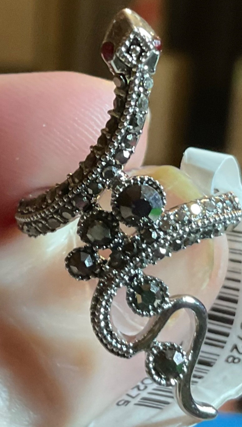 Full Finger Snake Marcasite Wrap Ring Black Onyx Size 5 NEW FREE GIFT BOX 🎁