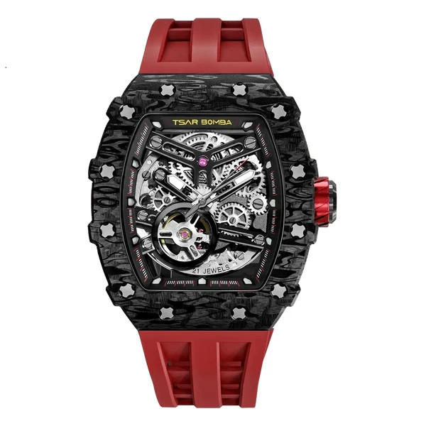 TSAR BOMBA Mens Automatic Watch Carbon Fiber Skeleton Tonneau Sapphire White Str