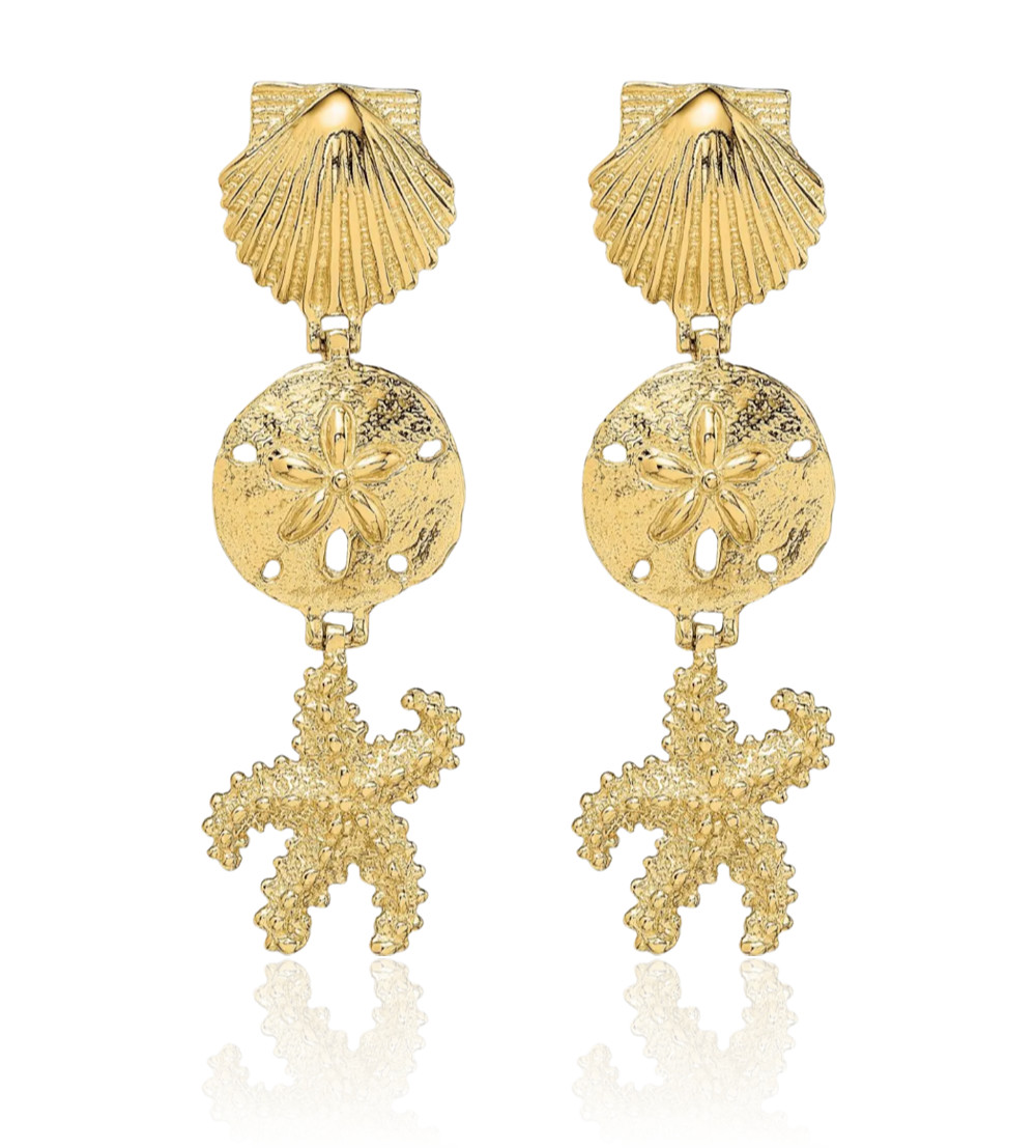 14K Solid Yellow Gold Medium Shell Sand Dollar Starfish Dangle Earrings 37.4mm
