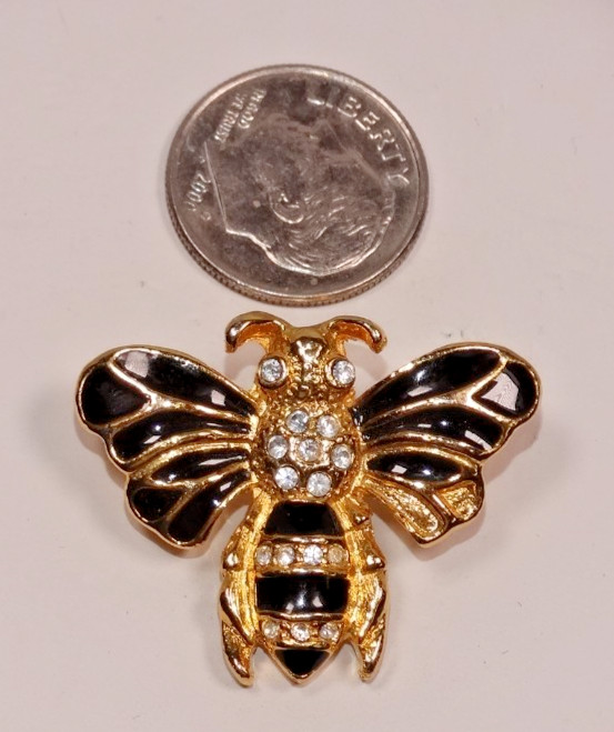 G93 VINTAGE CLEAR RHINESTONE & BLACK ENAMEL METAL BUMBLE BEE BROOCH PIN UNSIGNED