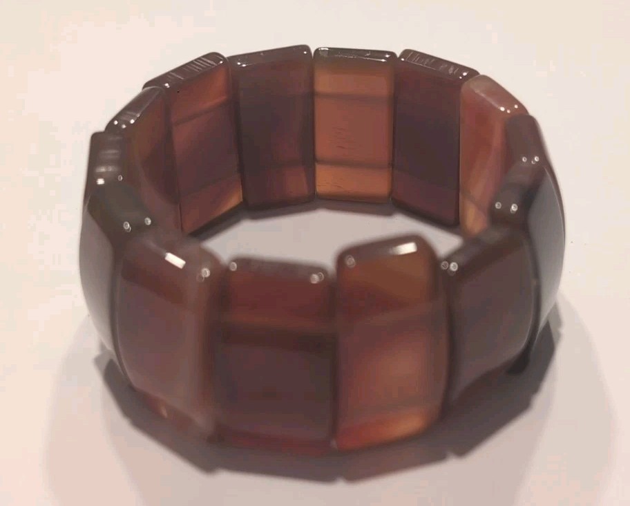 Vintage Natural Red Carnelian Agate Stretch Panel Bracelet Orange Brown Stone