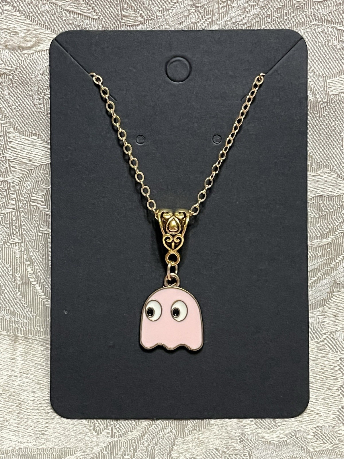 PAC Man PINKY PINK Ghost Gold Enamel Fashion Video Game Novelty 18” Necklace