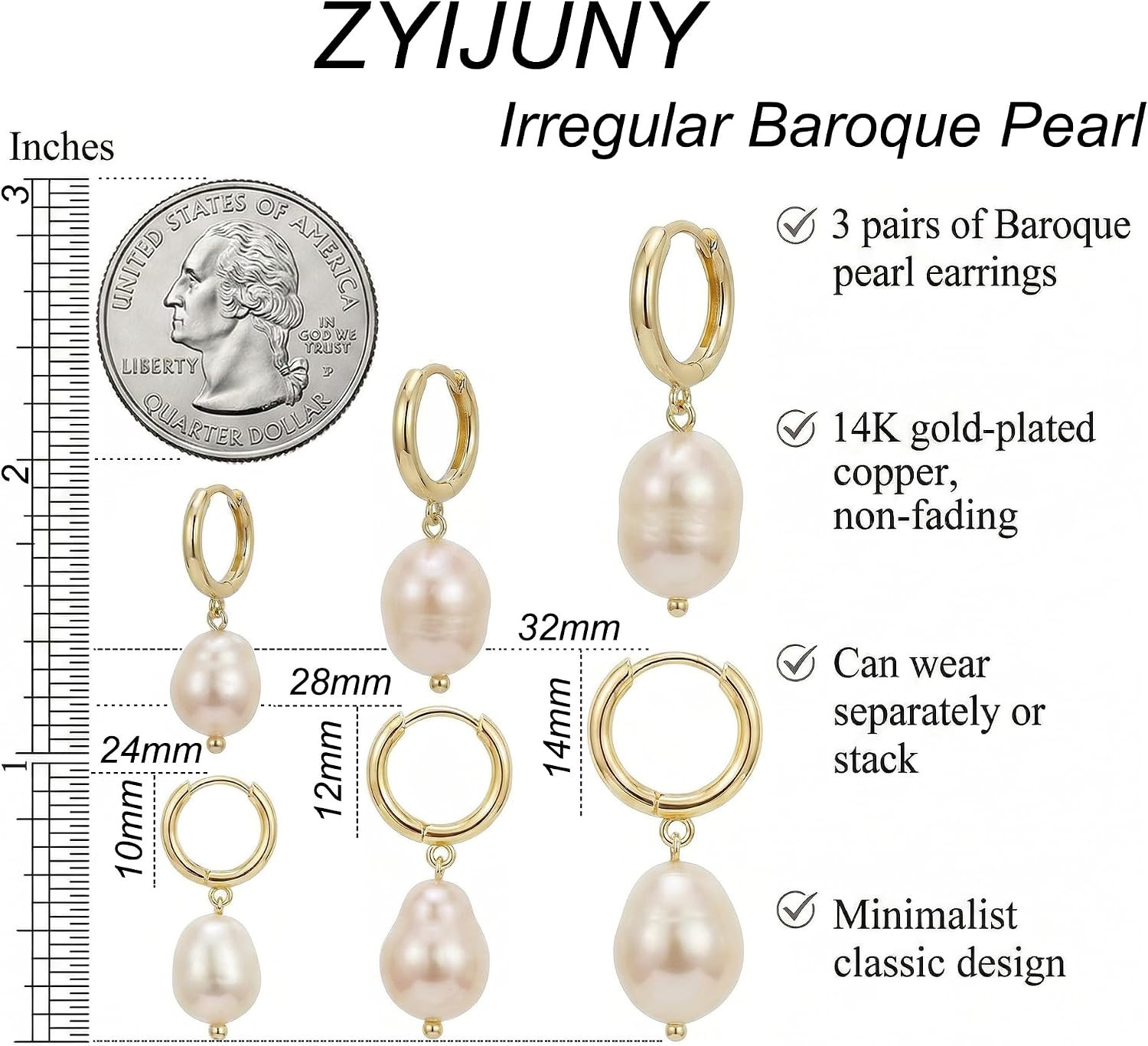 3 Pairs Huggie Hoop Pearl Earrings for Women, 14K Gold Plated Drop Dangle Earrin