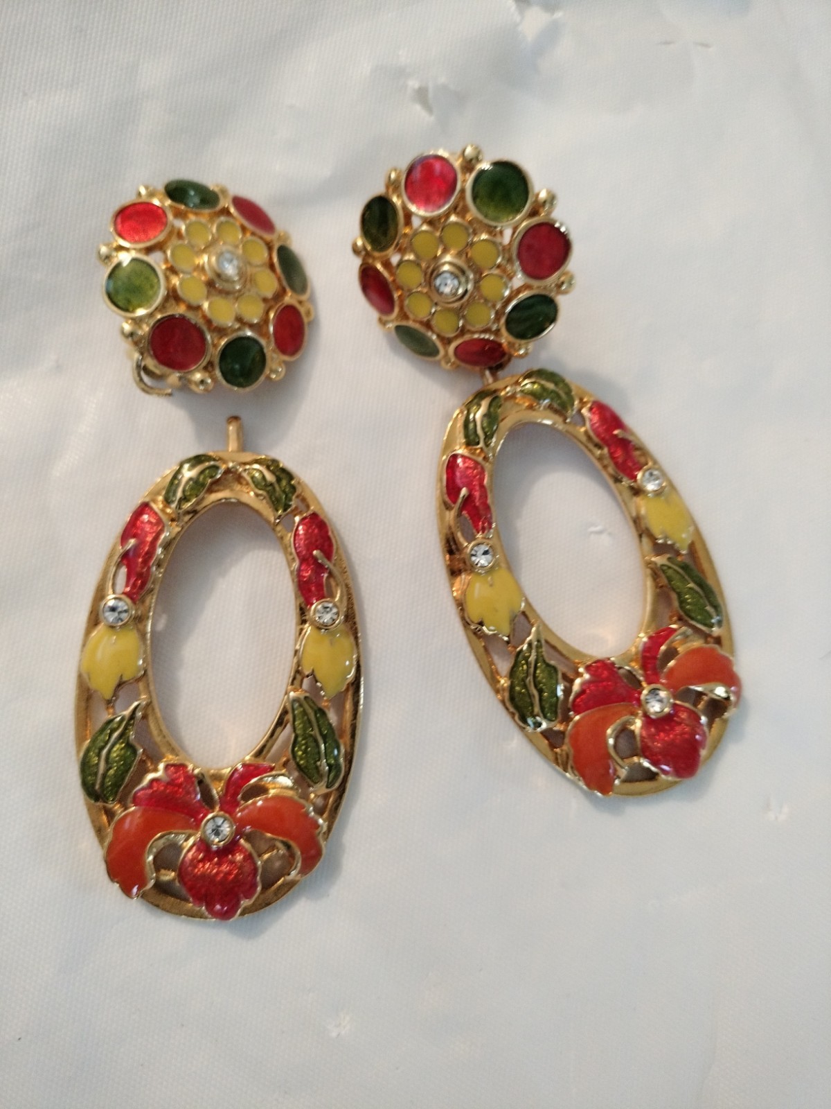 Jose Barrera Avon Enamel Rhinestone Hibiscus Flower Dangle Clip Earrings *Read
