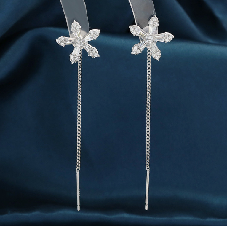 925 Silver Post/Needle Clover Flower Clear CZ Pull Through Threader Earrings G13