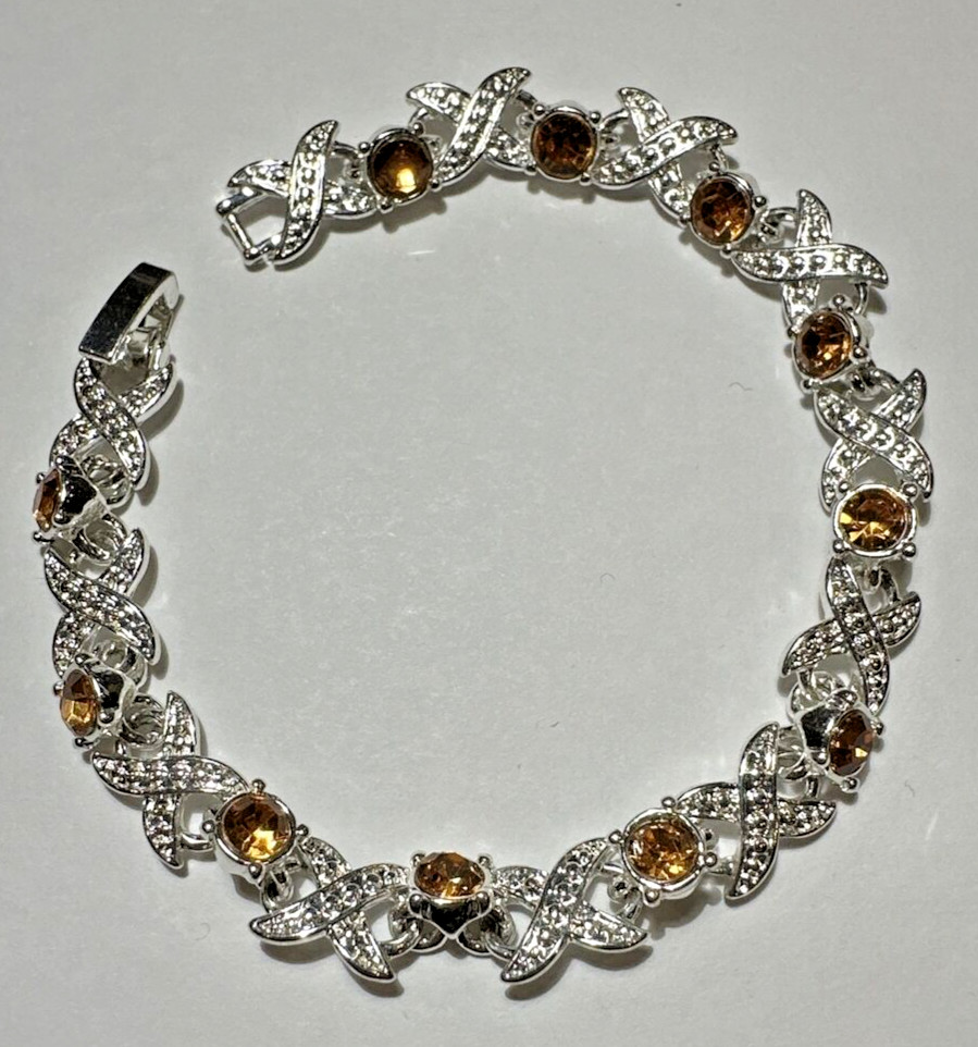 NEW Shiny Yellow Rhinestones X Infinity Tennis Silver tone 7.5″ Bracelet DA5